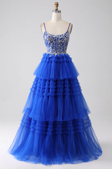 Royal Blue Tiered Balklänning med paljetter